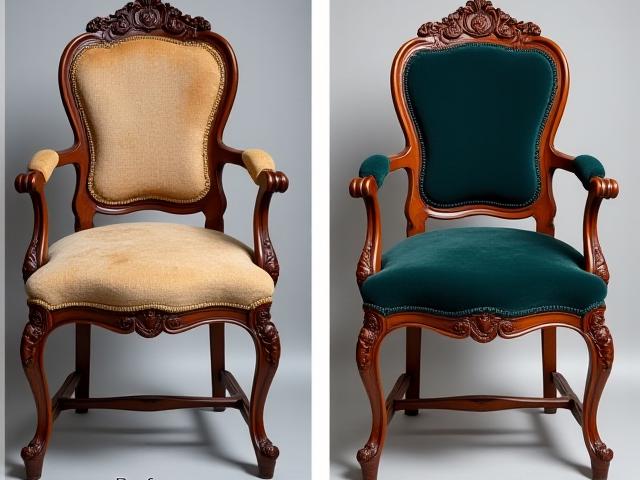 Før og etter bilde av møbelrestaurering på en antikk stol